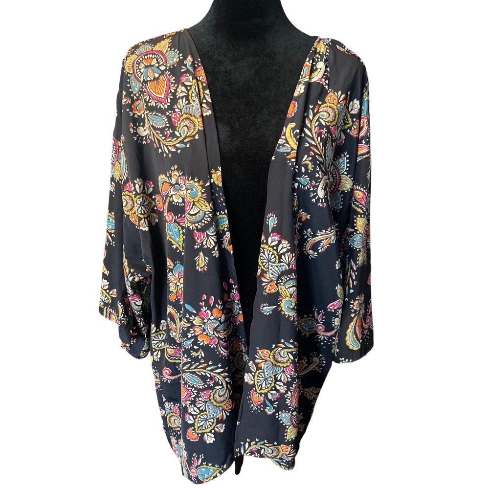 Anthropology Birdcage Large Paisley Floral Kimono Cardigan Black‎ Open Front